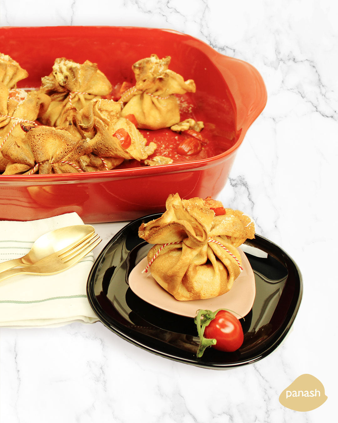 Crespelle buideltjes met pompoen en gorgonzola